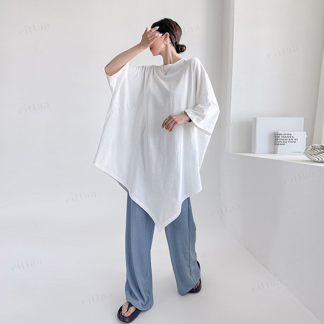 【即納】Y-4944　2026夏新作♡オーバーサイズアシンメトリー半袖Tシャツ　ホワイト　0616