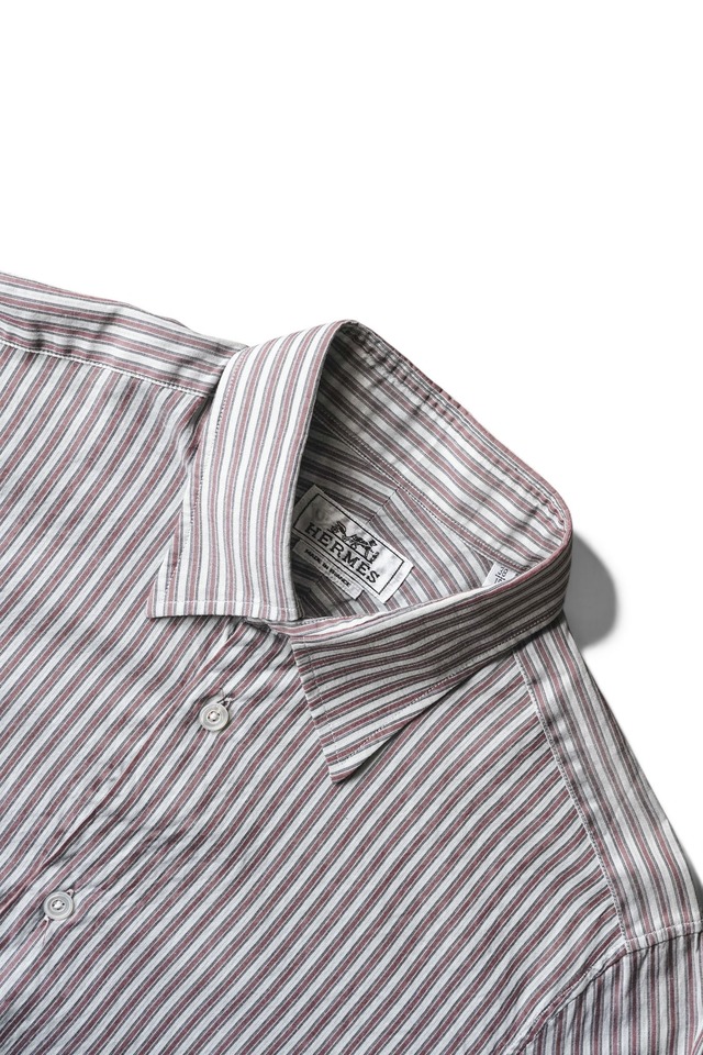 00's "HERMÈS" Cotton Stripe Pattern Leather Strap Shirt Made in FRANCE