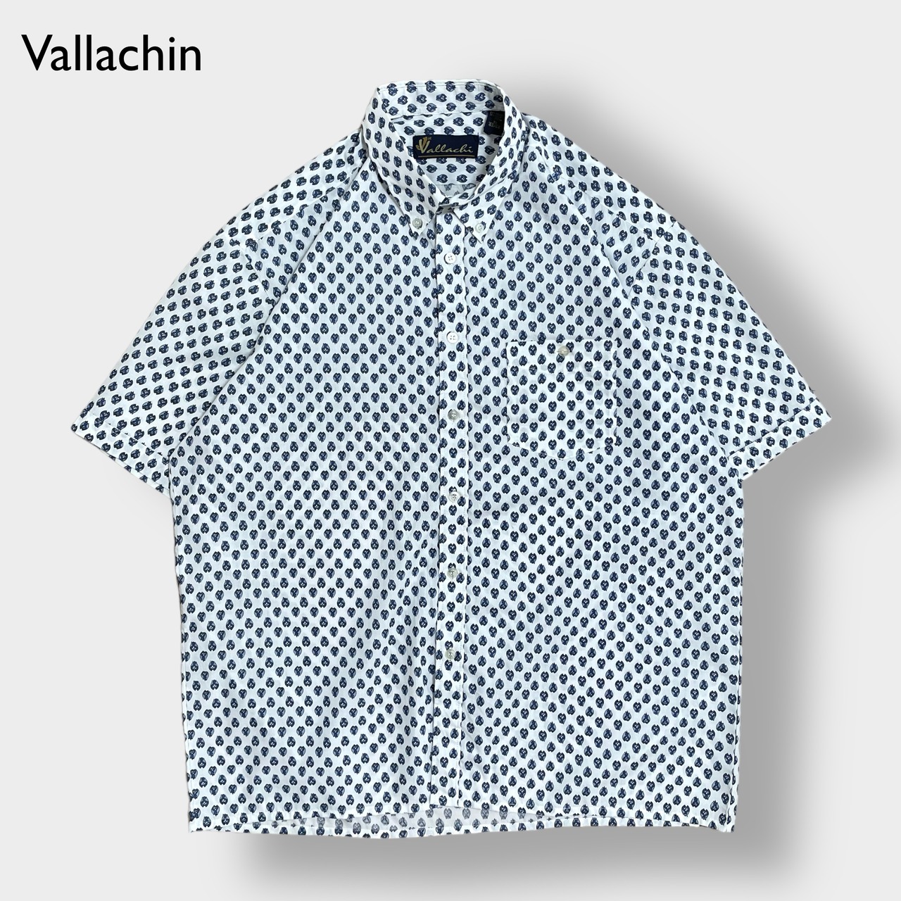 【Vallachin】半袖 シャツ 柄シャツ ボタンダウン 総柄 オールパターン XL ビッグサイズ ホワイト US古着