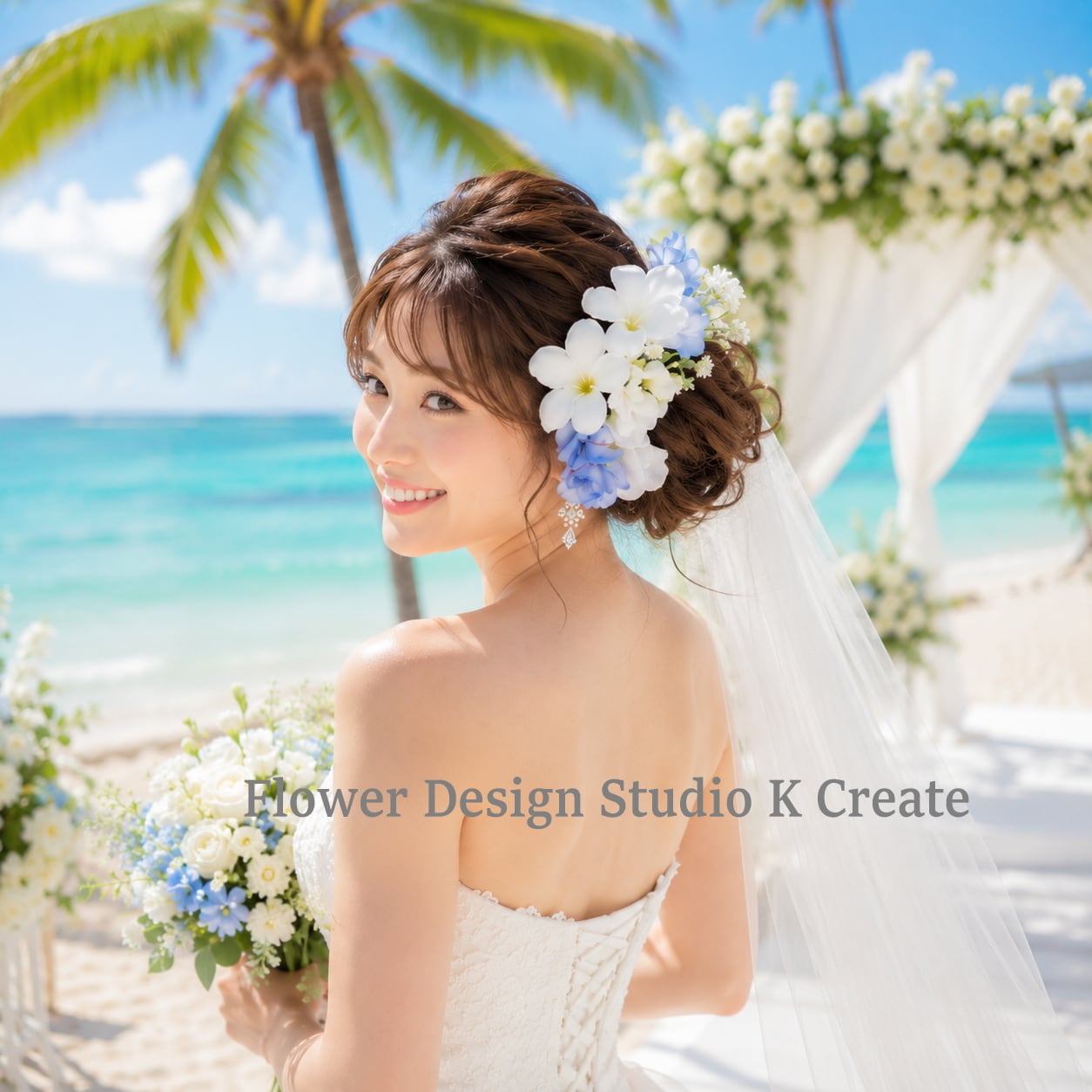 水色の薔薇とプルメリアのヘッドドレス 紫陽花・スイートピー|リゾートウェディング・前撮り・青い薔薇の花嫁ヘア