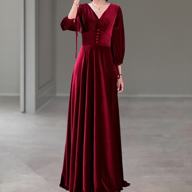 Vネックハイウエストベロアドレス　D0482