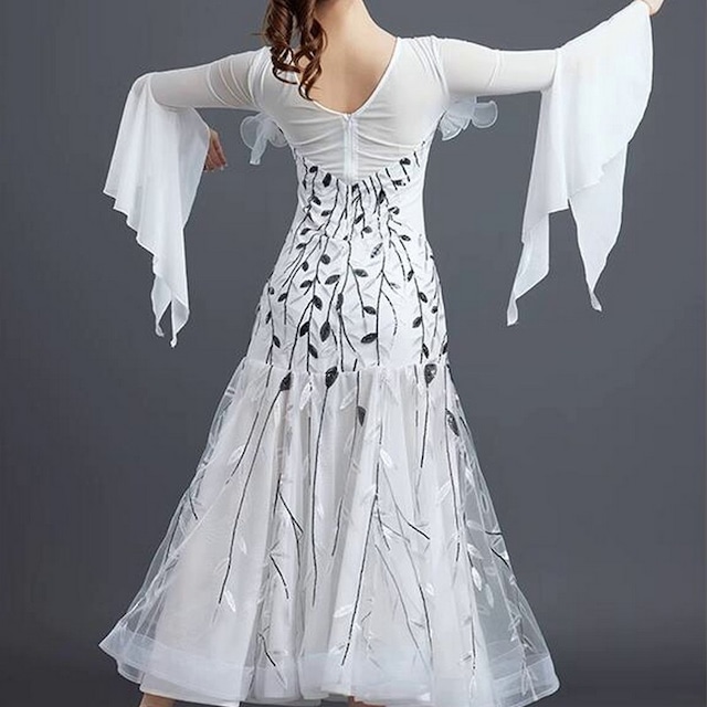 ラウンドネック刺繍ロングドレス ベルスリーブ フレア ドレス ds0504