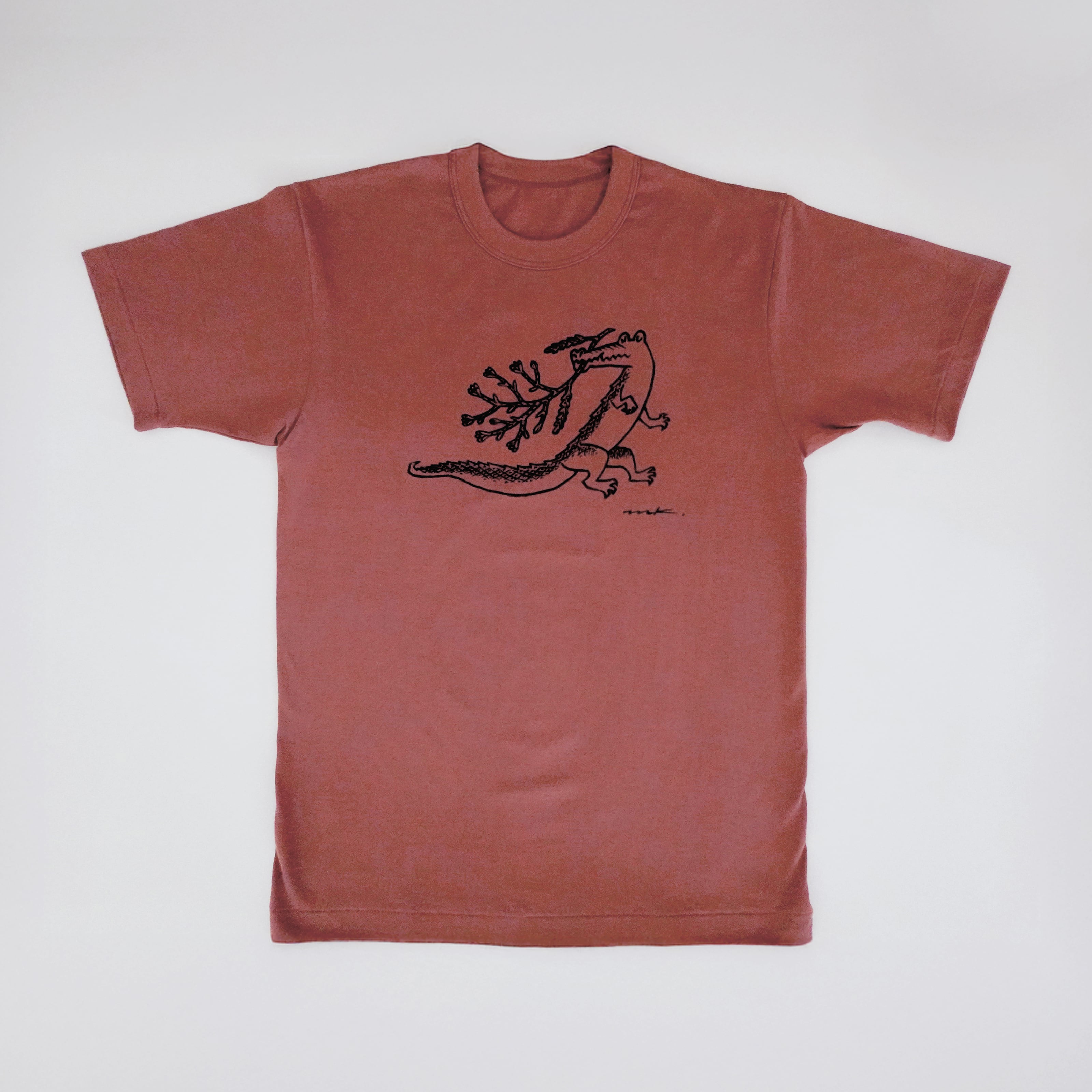 鹿児島睦「Tシャツ」ネコ・ピンク／ワニ・ブラウン Sサイズ | ブルー