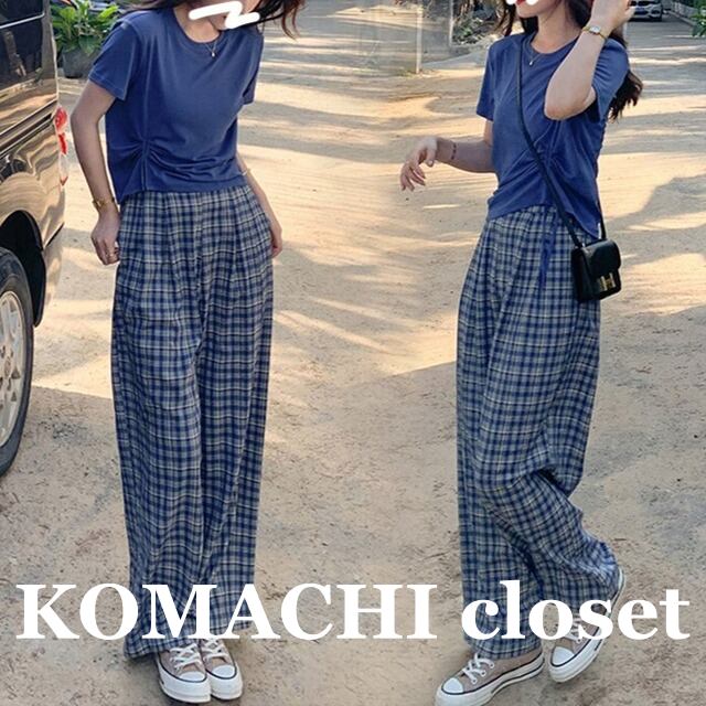 【送料無料】 Tシャツ 上下セット セットアップ ワイドパンツ 半袖 Uネック 韓国 レディース オルチャン 袖あり ラウンドネック チェック柄 薄手 楽ちん 青 ブルー 2点セット ツーピース お得 M L XL ネイビー 無地 春 夏 春夏 10代 20代 30代 40代 50代 60代 女性用 男女兼用 ママ 母 お泊まり 休日 運動 ジム ヨガ リゾート 海 プール 楽ちん 着回し 着痩せ