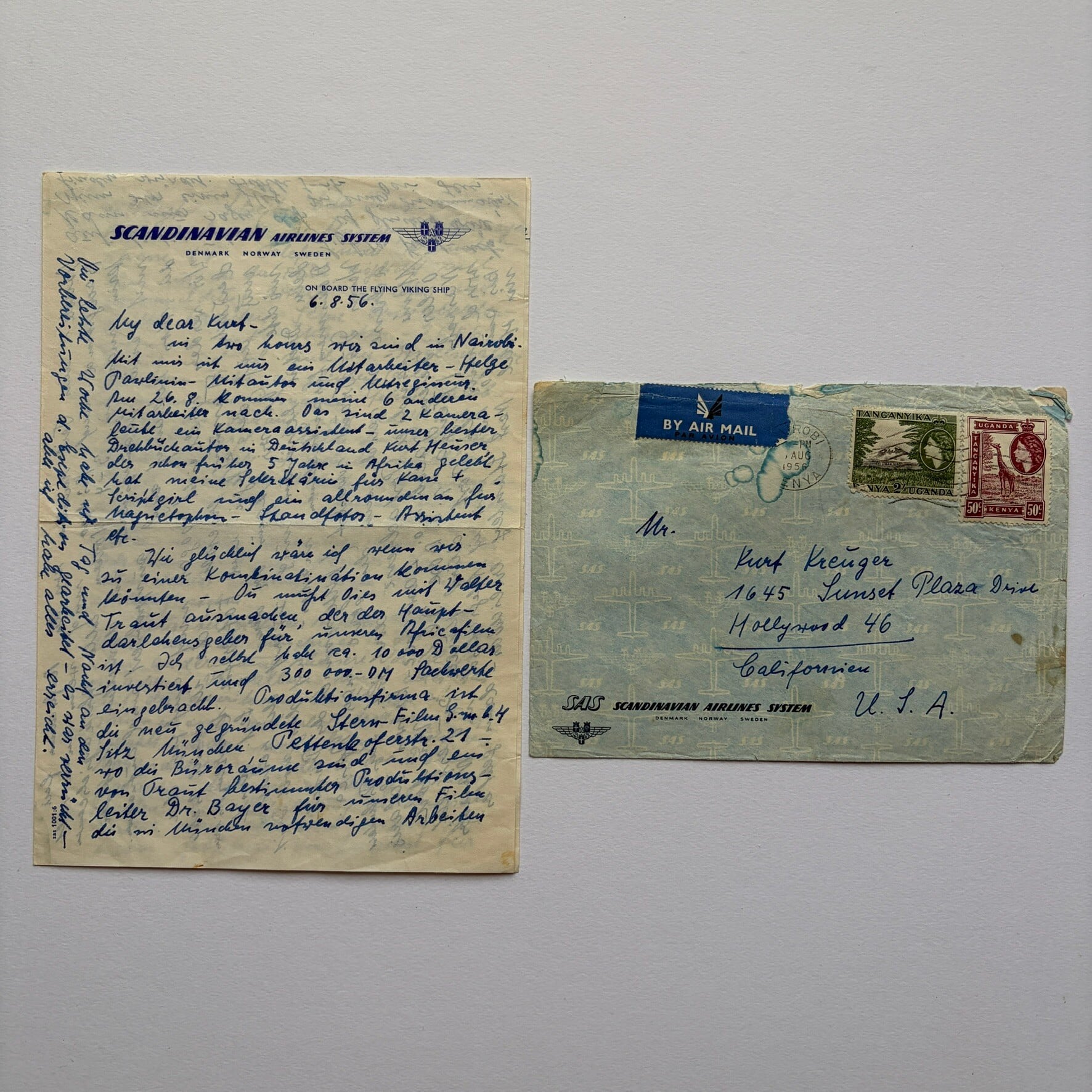 【 エフェメラ・直筆手紙 】レニ・リーフェンシュタール 機内直筆書簡＆実送封筒（1956年8月6日 / SAS航空機内にて） [3100222]