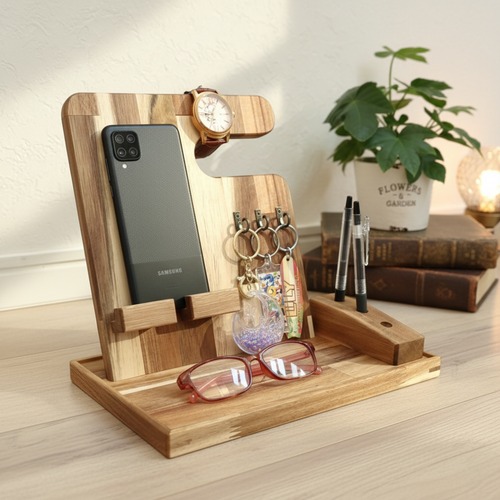 木製マルチスタンド - スマホ＆小物整理  スタイリッシュな収納で毎日を快適に