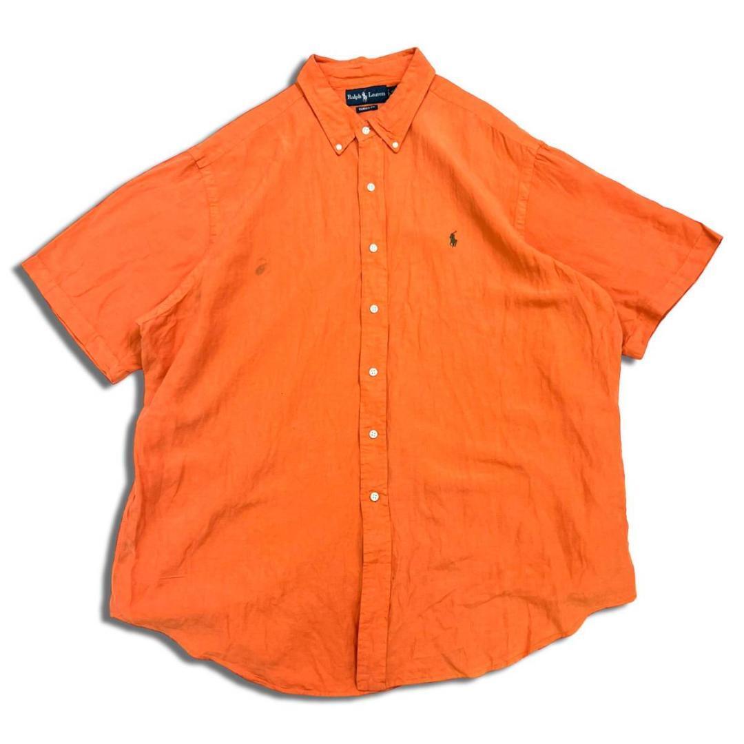 90s ポロ ラルフローレン リネン シルク 半袖シャツ 2XL オレンジ ボタンダウンシャツ POLO Ralph Laure ビッグサイズ  オーバーサイズ SK8 | T.R.O.Y CLOTHING USED ＆　NEW powered by BASE