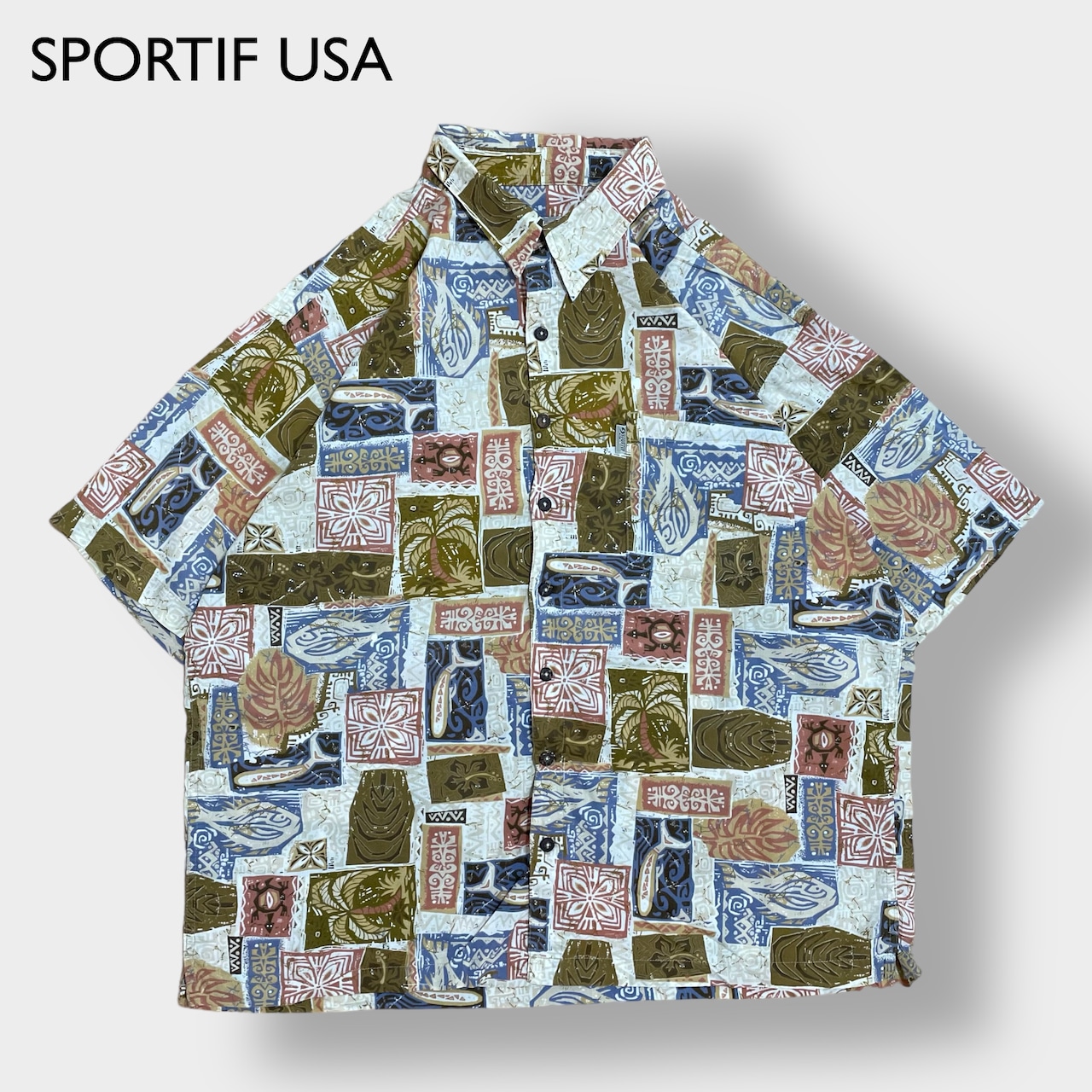 【SPORTIF USA】アロハシャツ 半袖 シャツ 柄シャツ オールパターン 総柄 柄物 ヤシの木 亀 魚 US古着