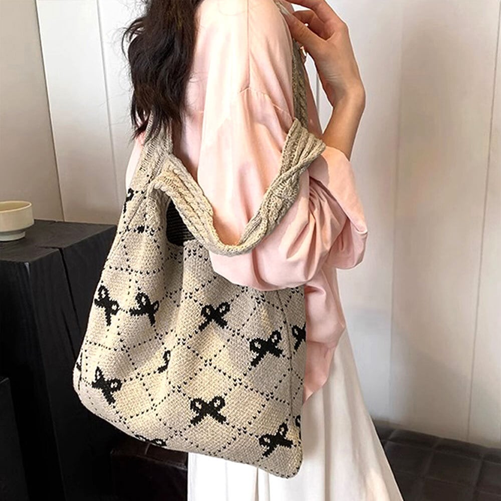 リボン柄 ニット トートバッグ レディース 韓国 大容量 大人 かわいい おしゃれ 通勤 通学 エコバッグ 折り畳み 軽量 A4 きれいめ カジュアル 大人可愛い 大人女子