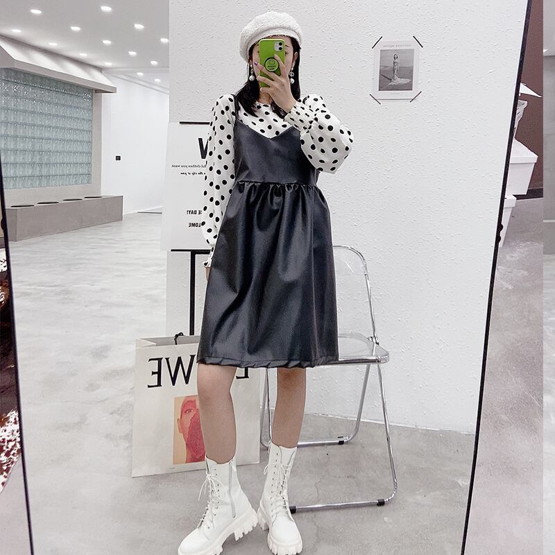 ウィンターTシャツ スタイルレザードレス 大きめサイズ 冬物 ミックスインファッション18741148936