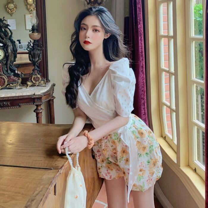 サマースタイルスタンダードVネックトップス ショーツ レディース レトロ 夏物 ブルマー ドラファッションホール79845730452