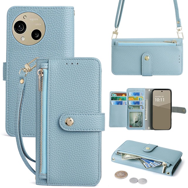 Vokpok対応 AQUOS R10/R9 SH-51F/A401SH/SH-51E/SH-M28 通用 ケース 手帳型 ショルダー 強力マルチカード収納 スタンド機能 アクオス R9/R10 財布型ケース 肩掛け斜めがけ手首かけ、掛けストラップ付きおしゃれ実用性 ジッパー小銭入れ Aquos r9 スマホケース PUレザー ある滑らかな手触り アクオス r10 ケース,ライトブルー