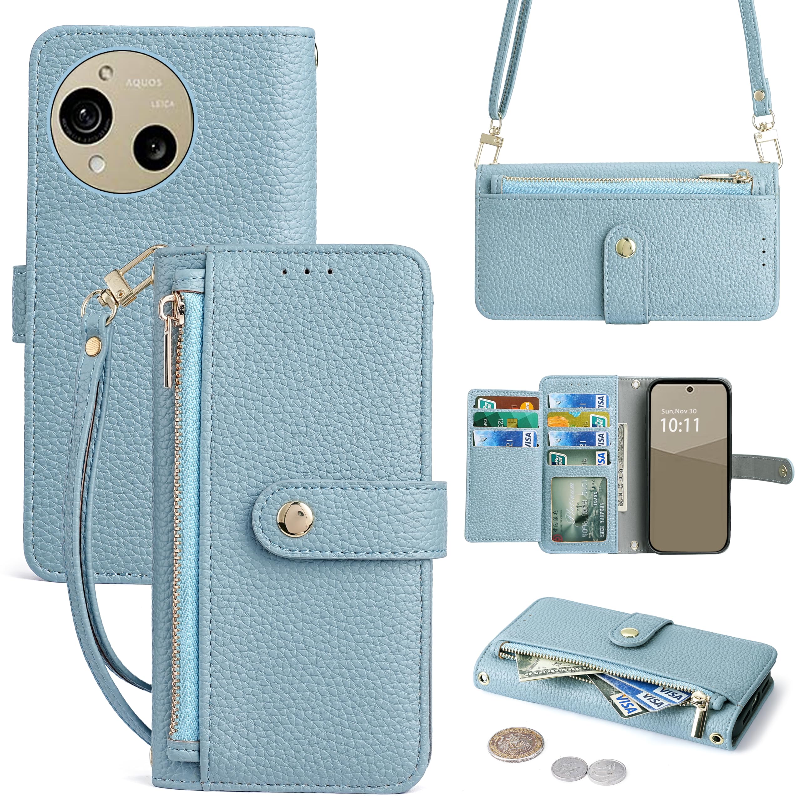 Vokpok対応 AQUOS R10/R9 SH-51F/A401SH/SH-51E/SH-M28 通用 ケース 手帳型 ショルダー 強力マルチカード収納 スタンド機能 アクオス R9/R10 財布型ケース 肩掛け斜めがけ手首かけ、掛けストラップ付きおしゃれ実用性 ジッパー小銭入れ Aquos r9 スマホケース PUレザー ある滑らかな手触り アクオス r10 ケース,ライトブルー