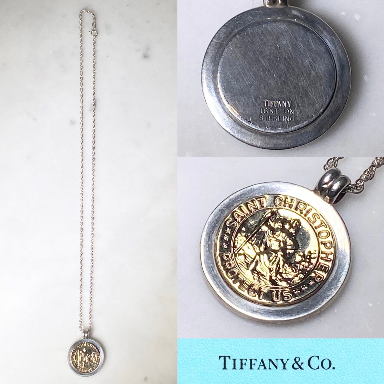 vintage TIFFANY silver × k18 coin pendant necklace “St.Christopher”