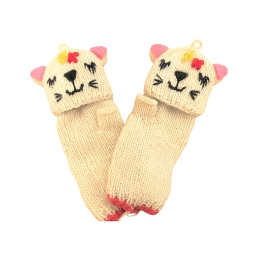 手編みネパール製・2WAYハンドウォーマー・アニマル（白ネコ）