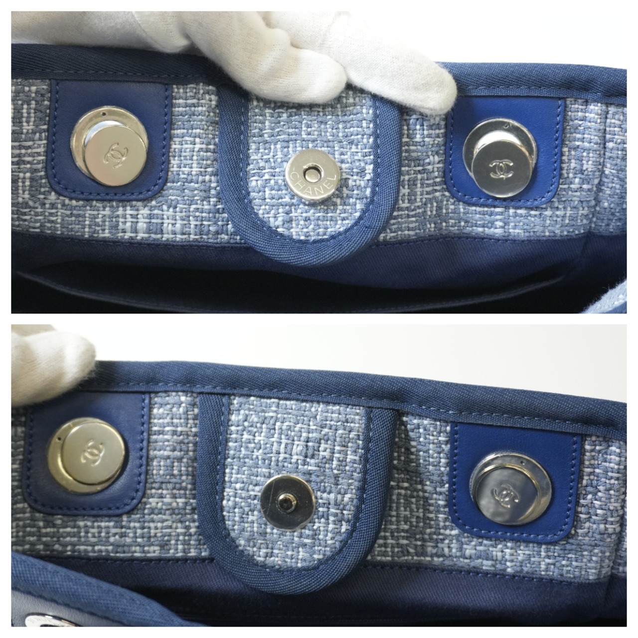 CHANEL シャネル ドーヴィルPM キャンバスxレザー チェーントートバッグ ブルー シルバー金具 25番台