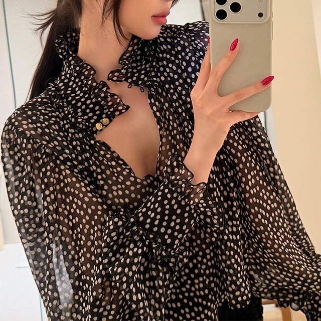 french chic black polka dot chiffon blouse＜t3106>