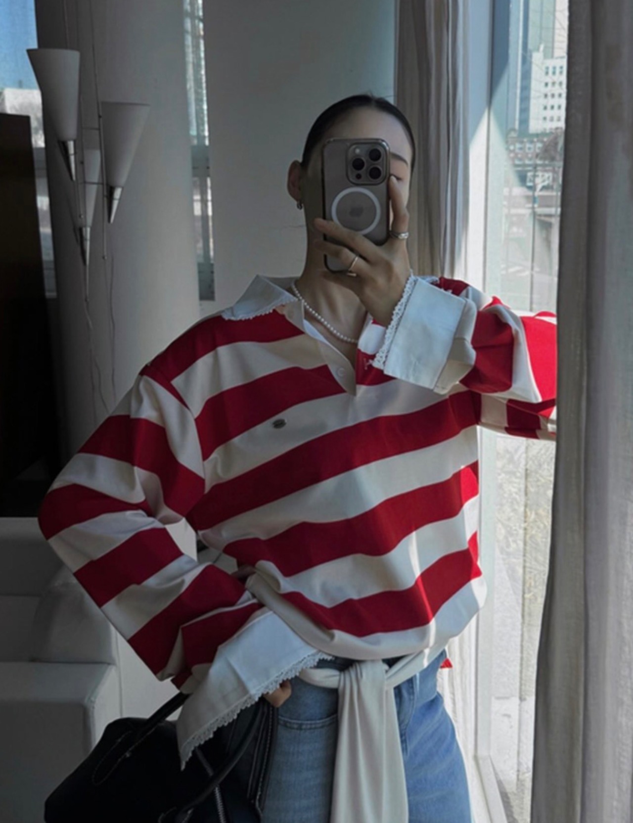 【新作5％OFF・3日間】Lace-collar Stripe Toips_3colors