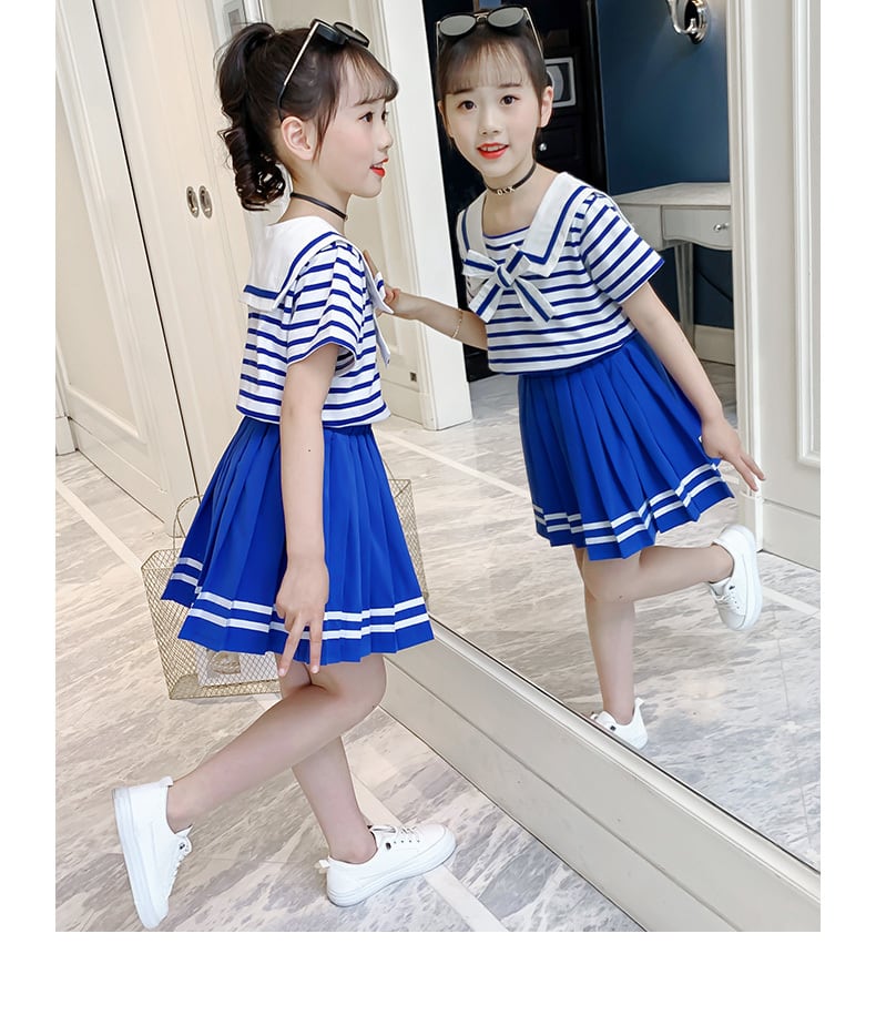 韓国子供服♡ 2点セット 半袖セーラーカラートップス＋プリーツ