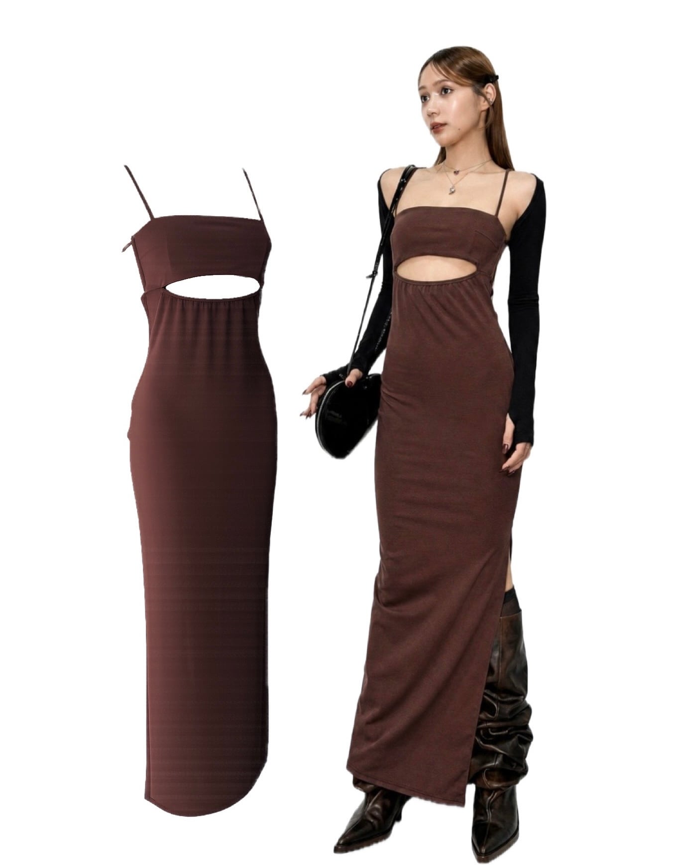 Crescent cut cami dress -Brown / MOOL