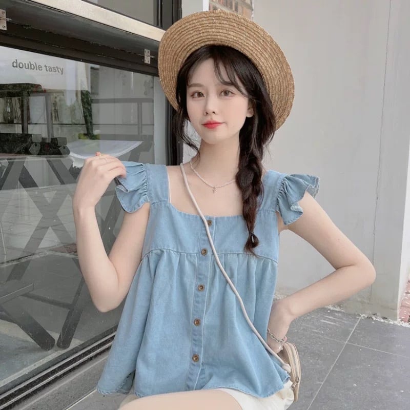 肩フリル デニム フレアトップス G104CNO0013 | liberal style. - 韓国