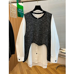 FAKE-2-PIECE DESIGN ROUND NECK PULLOVER TOP 2colors M-14830