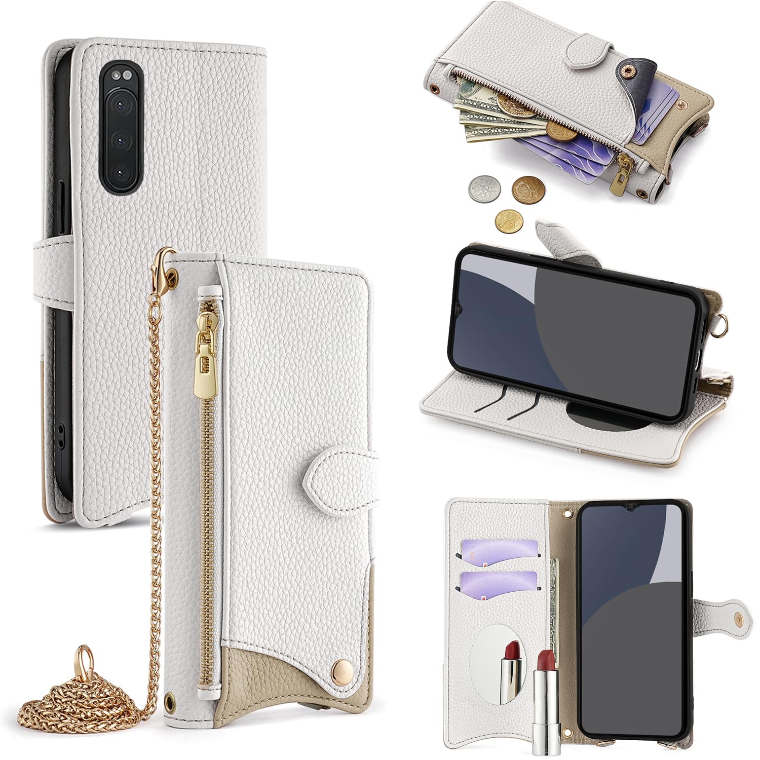 For Xperia 5 II ケース 手帳型 ショルダー For エクスペリア5 ii SOG02/SO-52A/A002SO/XQ-AS42 カバー 財布型 肩掛け 横+縦 2掛け方 斜めがけ 化粧鏡付き おしゃれ ジッパー小銭入れ カード収納 横置き ロングストラップ 耐汚れ PUレザー 防指紋 高耐久性 女性用 贈り物 COCOCLOUD ホワイト