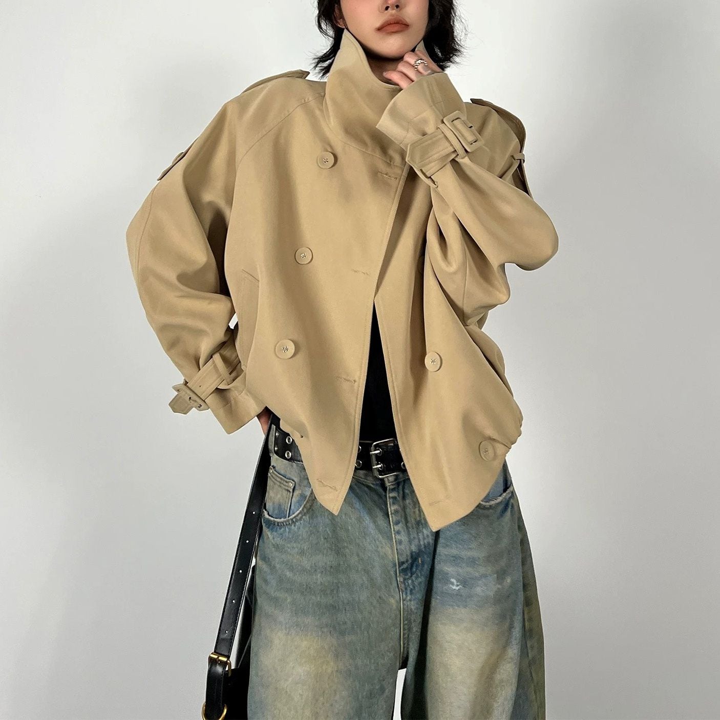 DOUBLE BREASTED STAND COLLAR SHORT JACKET M-18491