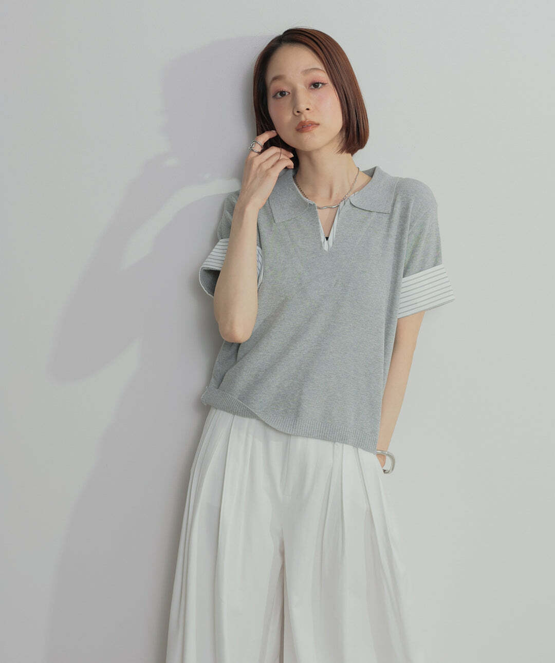 2603012 レイヤードポロニットトップス gray | エルキカク