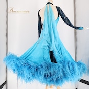社交ダンス 衣装 スタンダードドレス ドレス ワンピース ファー イングランド製 ベロア 高級感 デモ 競技 ダンス パーティ 発表会 水色 青 黒 ブルー系 ブラック系 ふんわり スカート 女性用 大人用 フェザー コスチューム パーティー衣装 豪華装飾 用 パフォーマンス 発表会用 おしゃれ 競技用 衣装