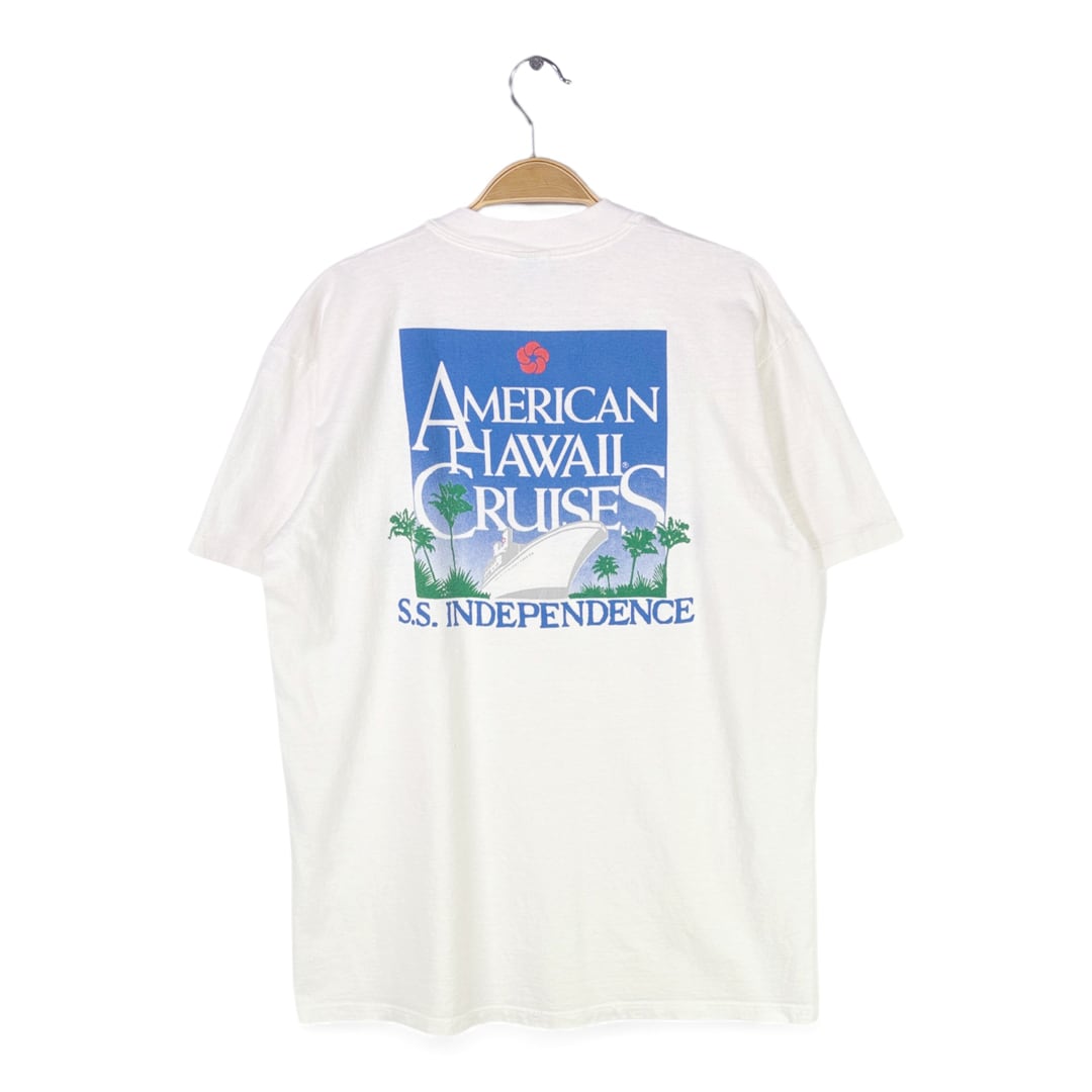 80s ハワイクルーズ船 USA製 ヴィンテージTシャツ ハワイ旅行 AMERICAN HAWAII CRUISES シングルステッチ ホワイト サイズL 古着 @BZ0485