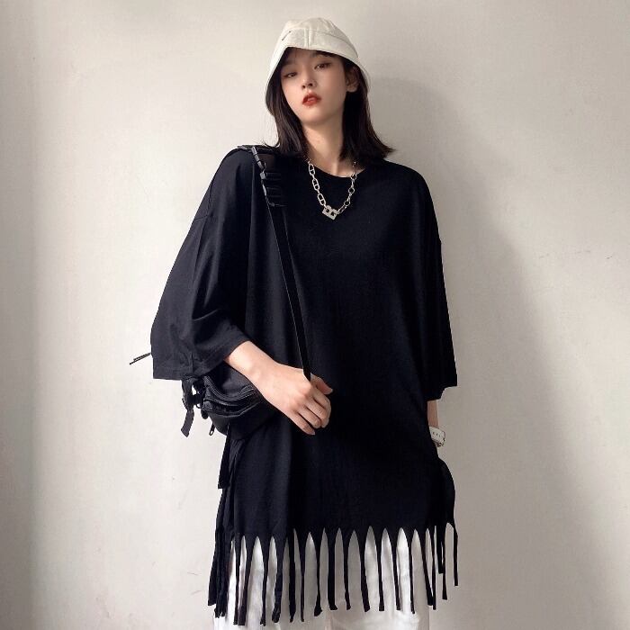 スタイルサマールーズスリーブブラックTシャツ ロングラウンドネック半袖 ハーフスリーブ かわいい 夏物 Oネック ケッペル76403059815