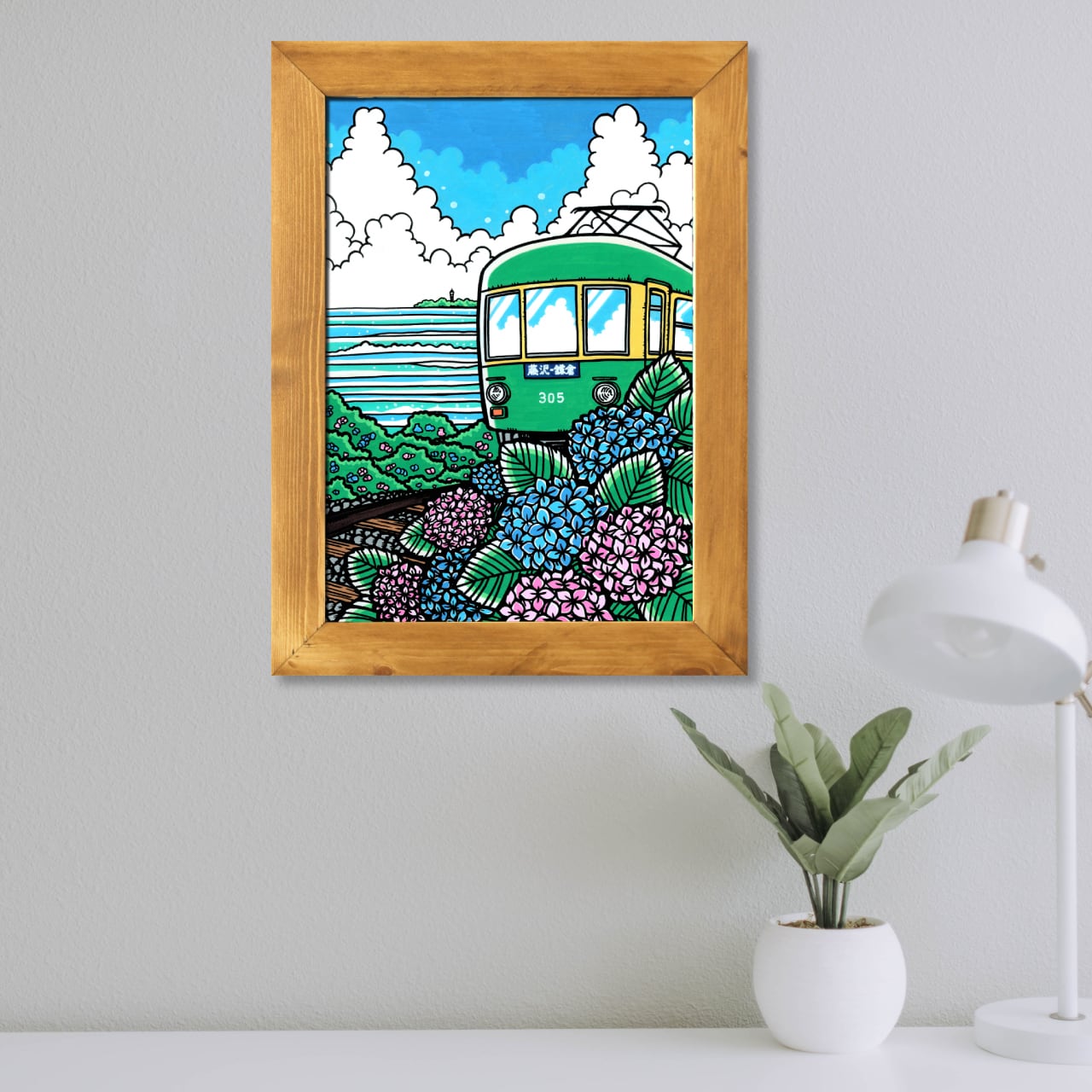 原画】Wood Panel A3 Size（江ノ電と紫陽花）with Frame | TAMO ART