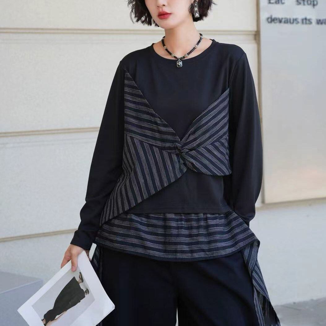 ASYMMETRIC STRIPED PANEL LONG SLEEVE TOP M-18357