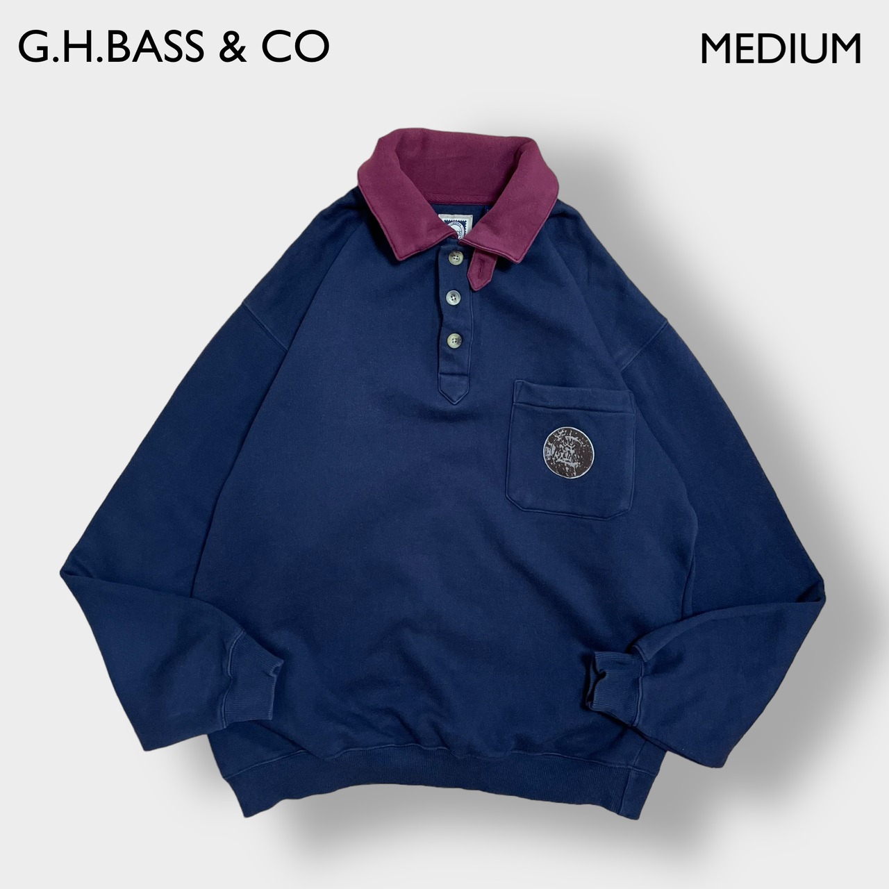 G.H.BASS & CO ハーフボタン スウェットシャツ トレーナー 長袖ポロシャツ M ロゴ 胸ポケット ドッグイヤーカラー 切替 SWEATSHIRTS US古着