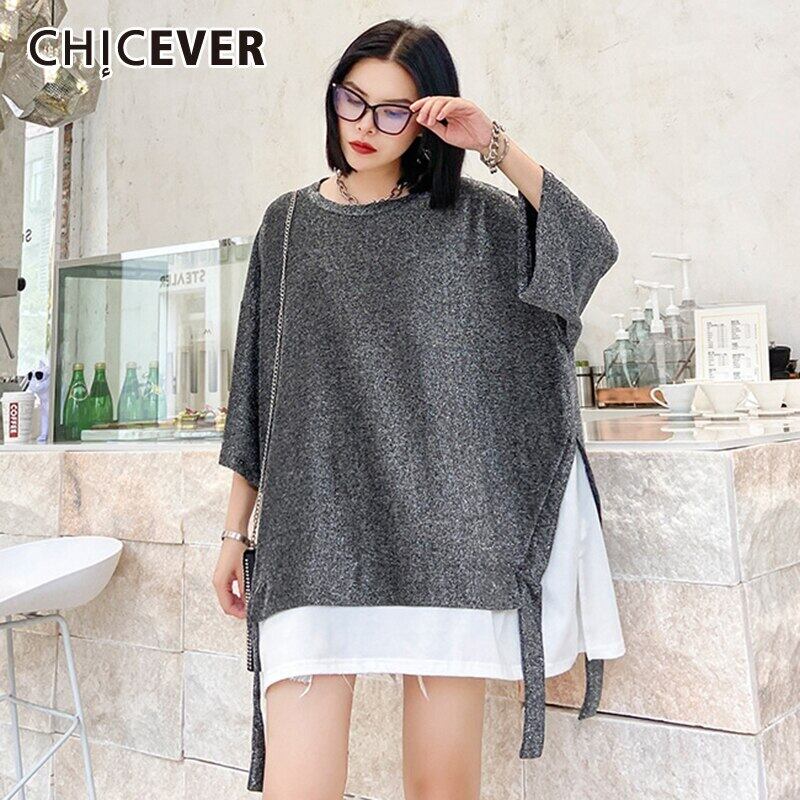 CHICEVERレディースTシャツOネックスリークォータースリーブパッチワークヒットカラールーズプルオーバートップス2020 6base515845229942