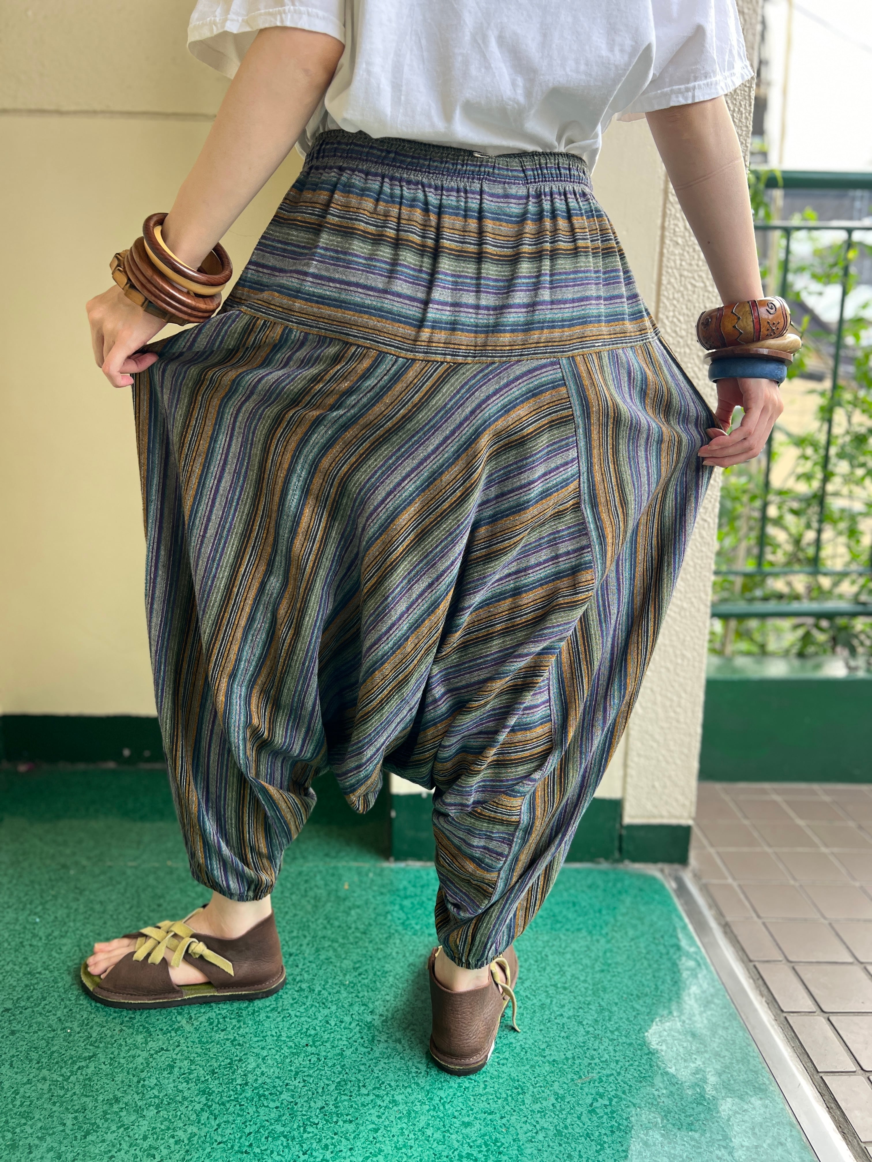NEPAL製 レイバーデザイン サルエルコットンパンツ Vintage Nepal stripe cotton pants ( ヴィンテージ ネパール