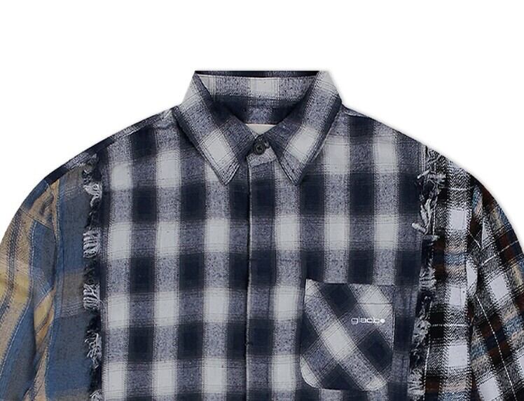 RIIZE ソンチャン 着用！！【XTONZ】Mixed-Cut Wide Check Shirts BLUE