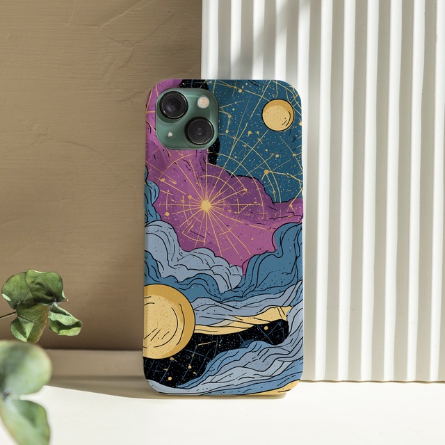 受注生産 iPhoneケース 黄色い月と紫の山の星空柄｜天体図風 STAR046B