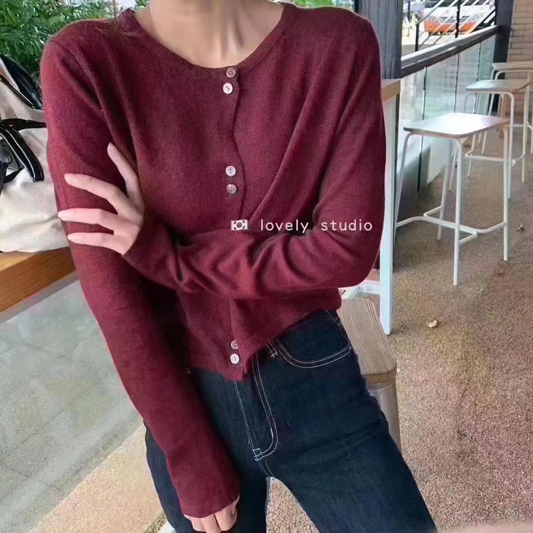 ２連ボタン クルーネックカーディガン AJ2205-D10