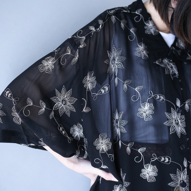 "刺繍" over wide silhouette black mode h/s see-through shirt