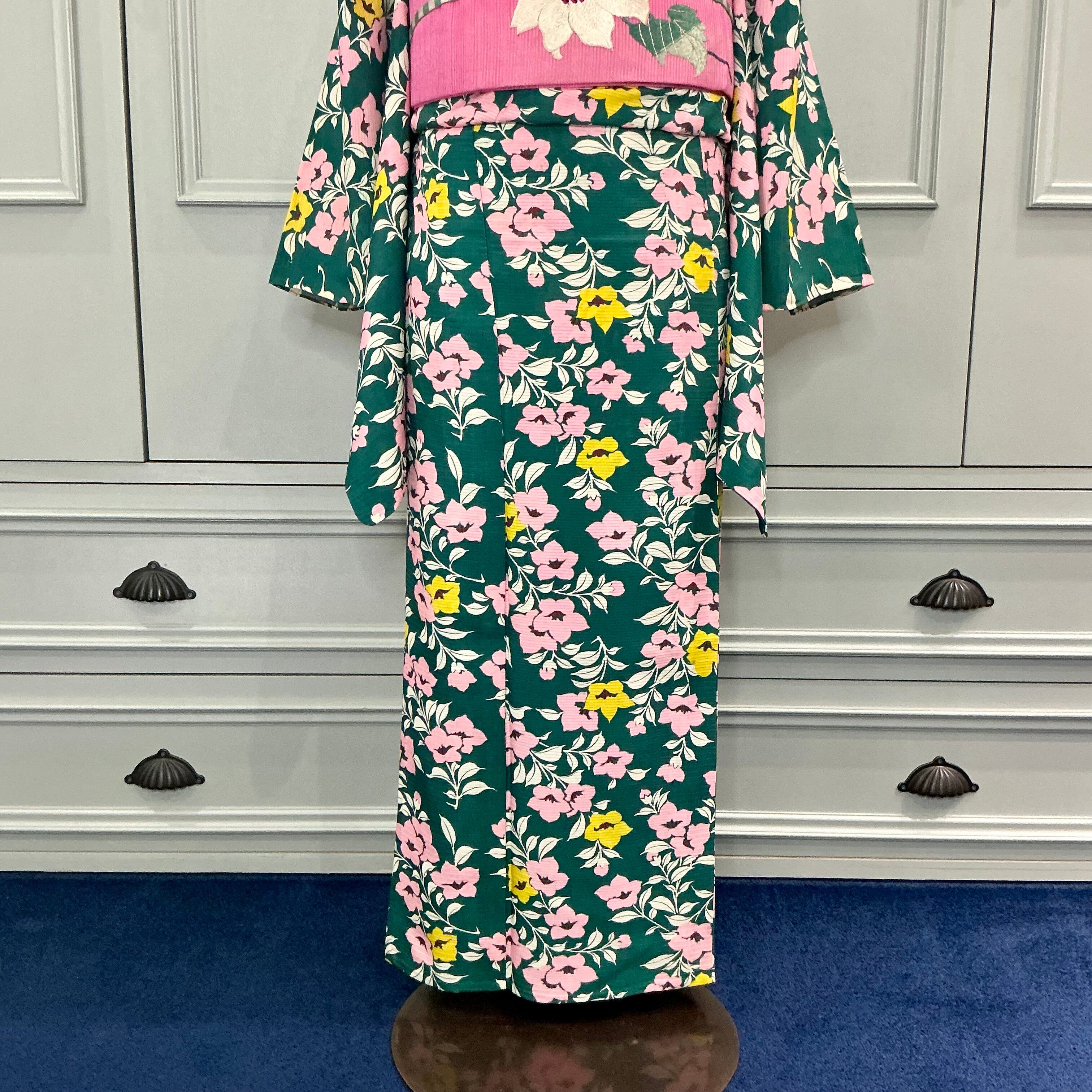 アーバン・ボタニカル＊夏着物 絽 桔梗 花 小花 グリーン アンティーク