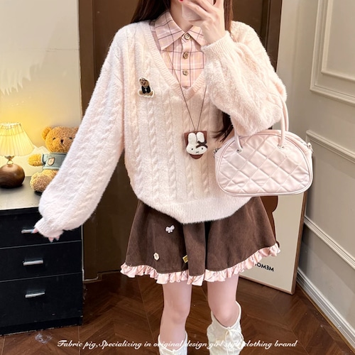 【2点セット】チェックシャツドッキングケーブルニット+コーデュロイフレアスカート ・79291