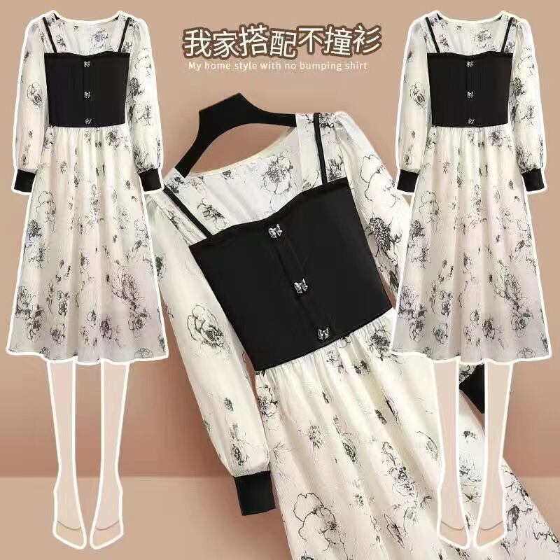 【新作】【送料無料】 裏地付き、新しい春と秋のスプライシングフェイクツーピースデザイン、洋ナシ型ボディ痩身ハイウエストドレス 0271825593396