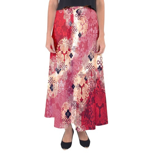 家紋装飾　紅桃　マキシフレアスカート