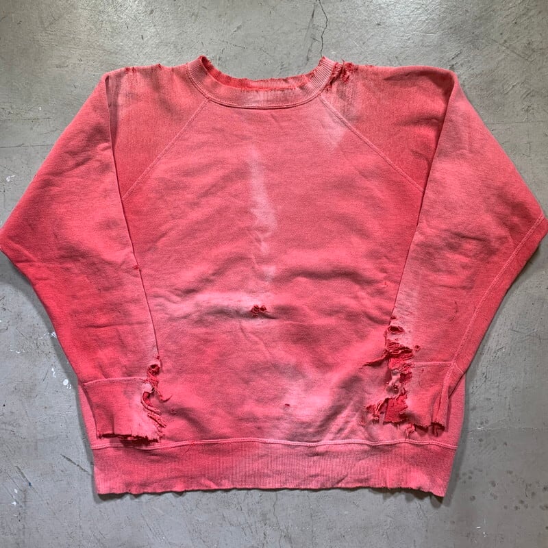 ~60's UNKOWN ラグランスウェットシャツ サンフェード ピンク ダメージ ボロ グランジ アートピース L位 希少 ヴィンテージ BA-1423 RM1792H