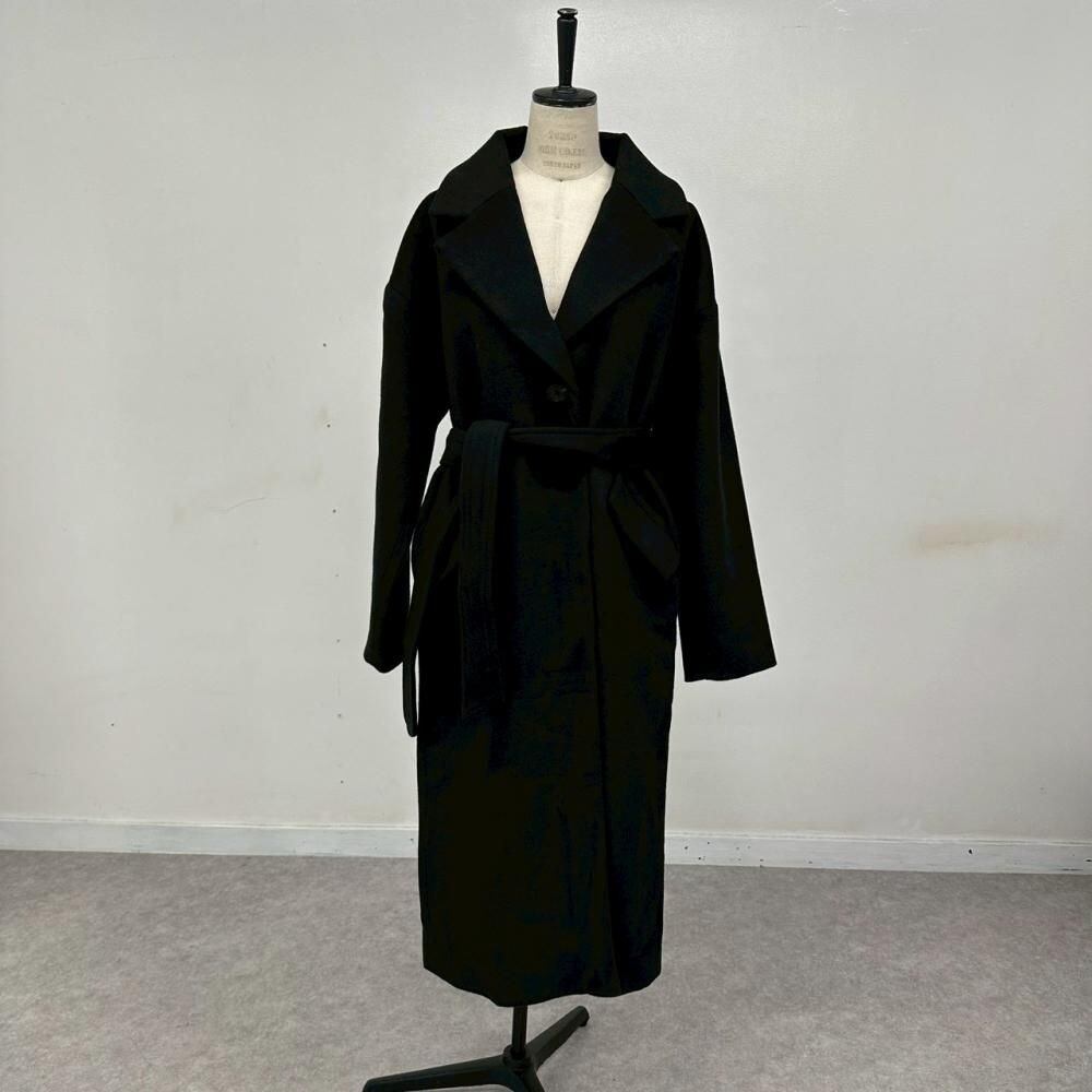 nairo ウール混 シングルベルト ロングコート ブラック S