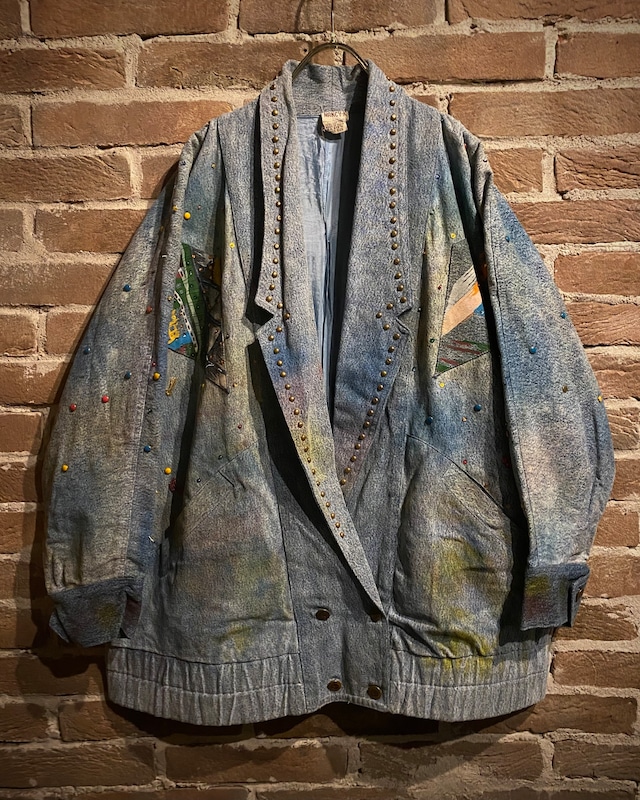 【Caka act3】"NEW YORK" Multi Color Studs × Rhinestone × New York City Paint Design Loose Denim Jacket