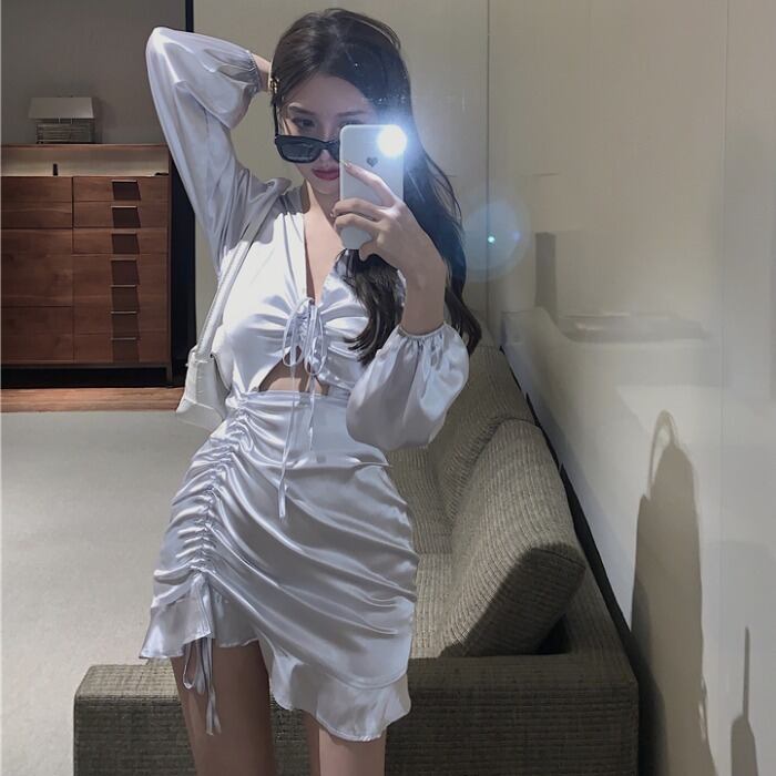 スカート スプリングVネックサテンショートスリムドレス ロング 春物 ドラファッションホール66994104223