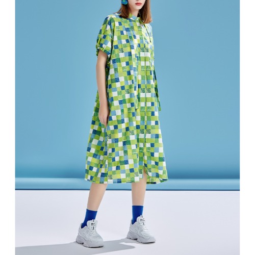 Stand Collar Short Sleeve Check Pattern Midi Length Dress  I25013